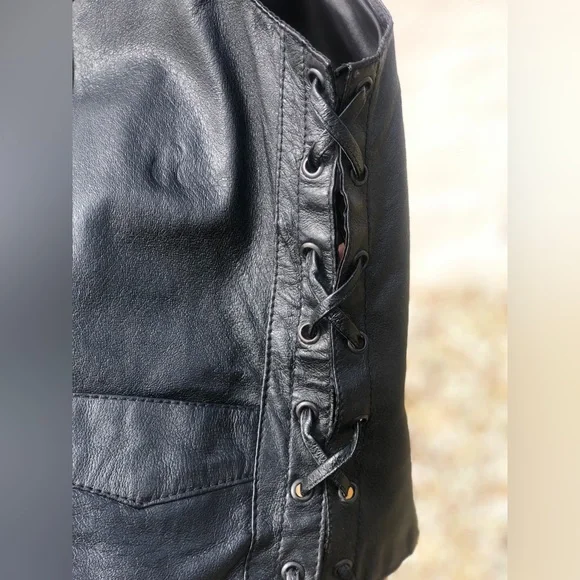 Vintage 90s grunge punk biker black leather side lace up leather vest - Picture 5 of 11